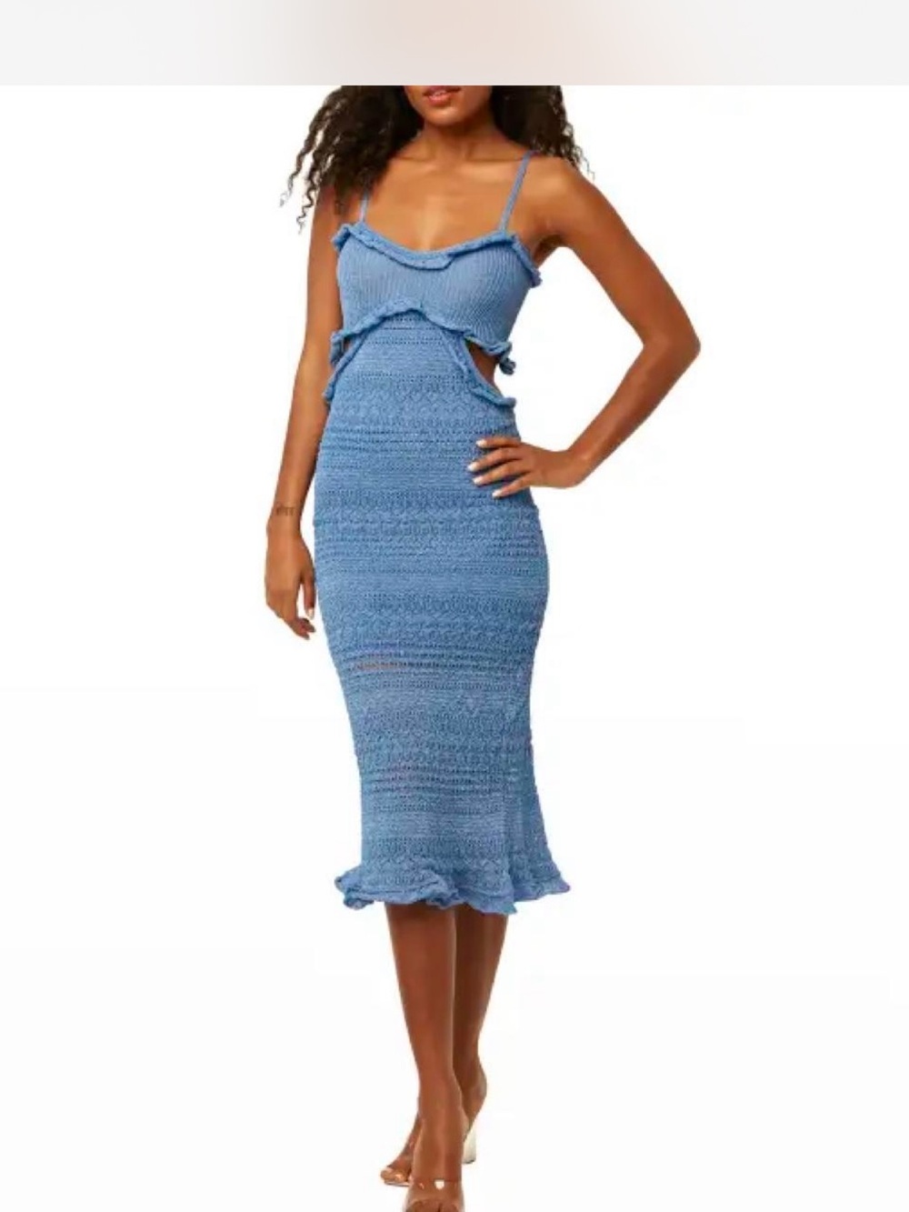 Misa Los Angeles Blue Crochet Spaghetti-Strap Midi Dress